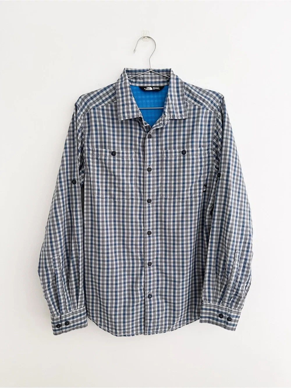 The North Face Plaid Shirt Button Down Gray Blue Plaid Outdoor Men's Size S